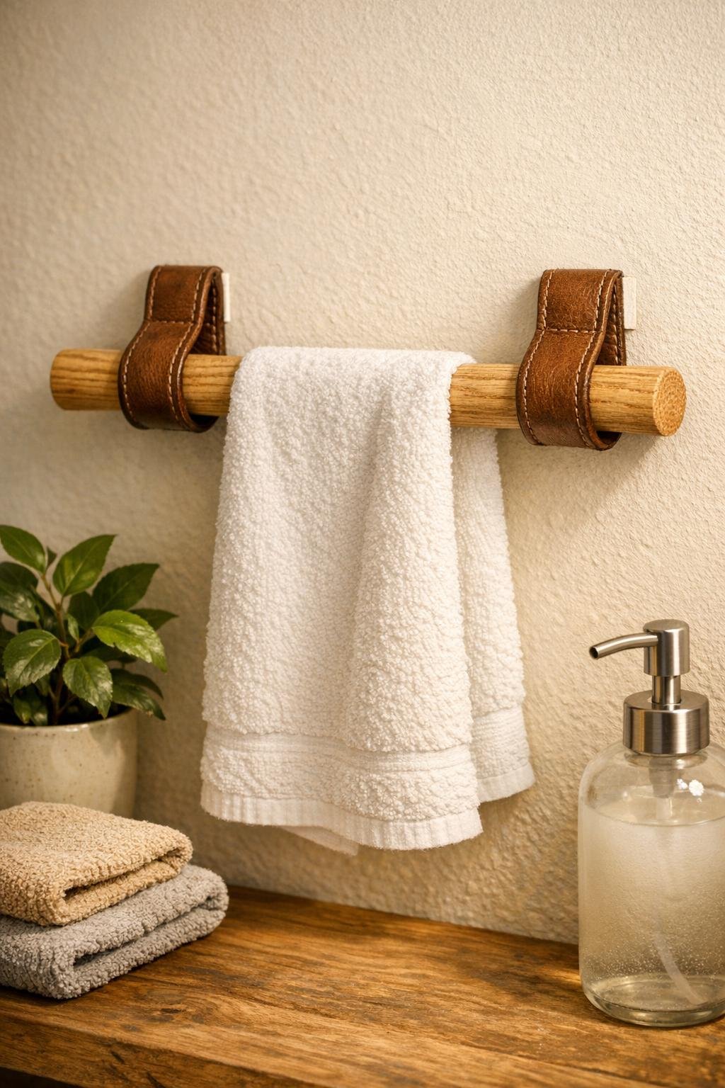Finished DIY bathroom hand towel holder made from a wooden dowel and leather loops