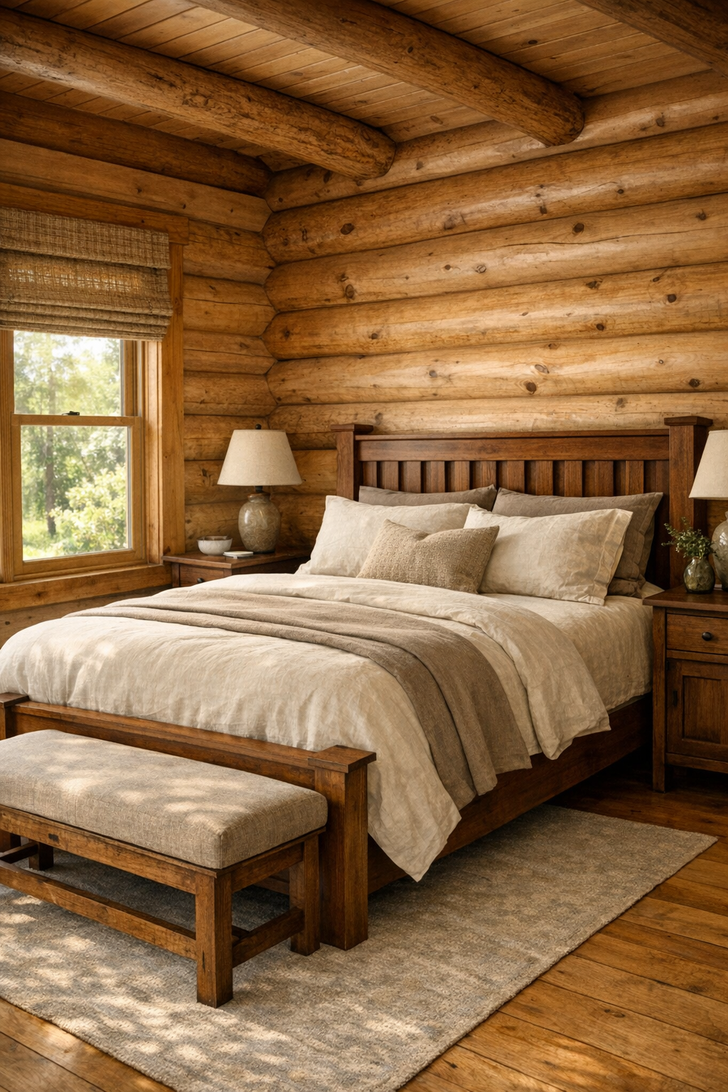 Peaceful log home bedroom with handcrafted wood bed, linen bedding, and soft neutral textures