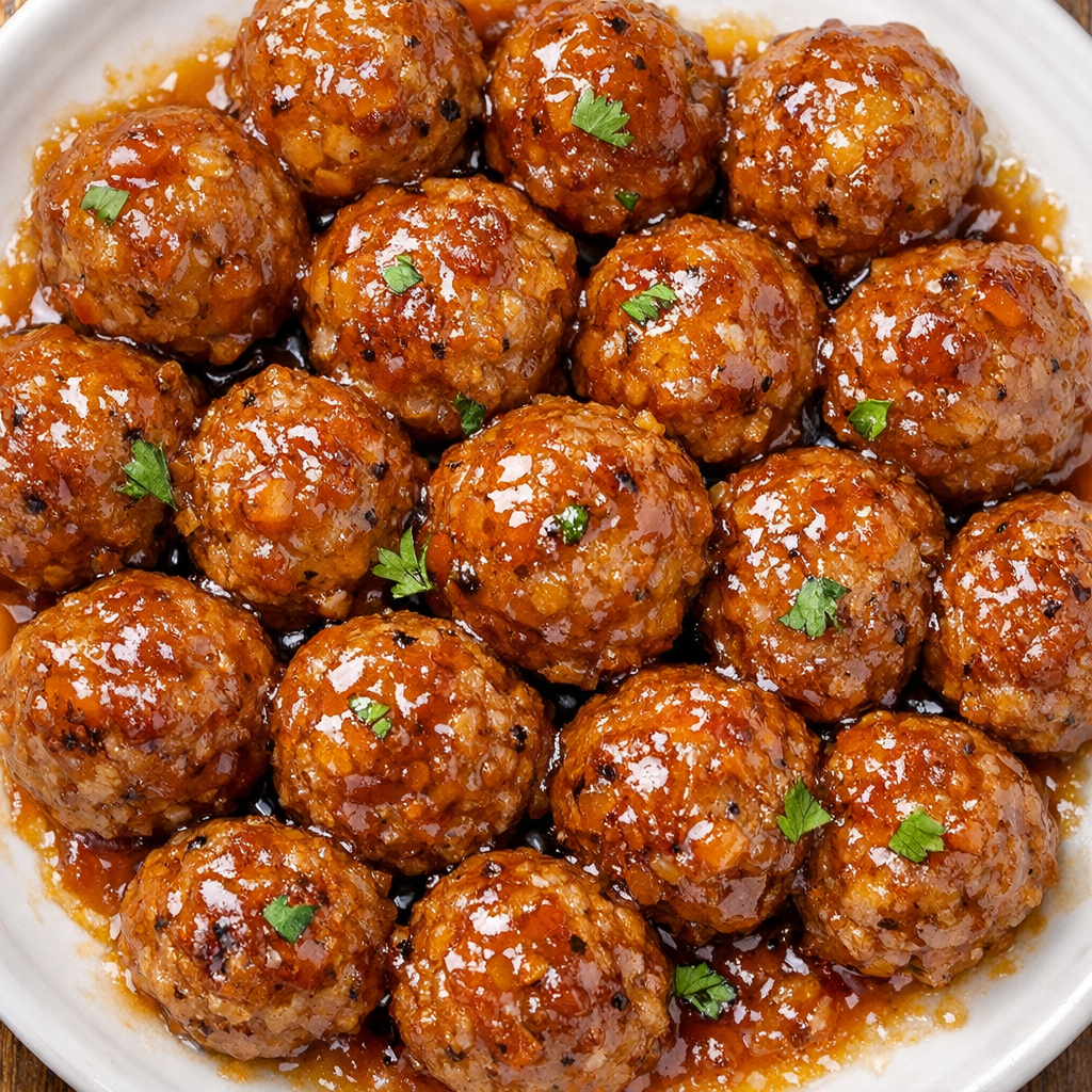 Southern peach glazed meatballs on a white plate