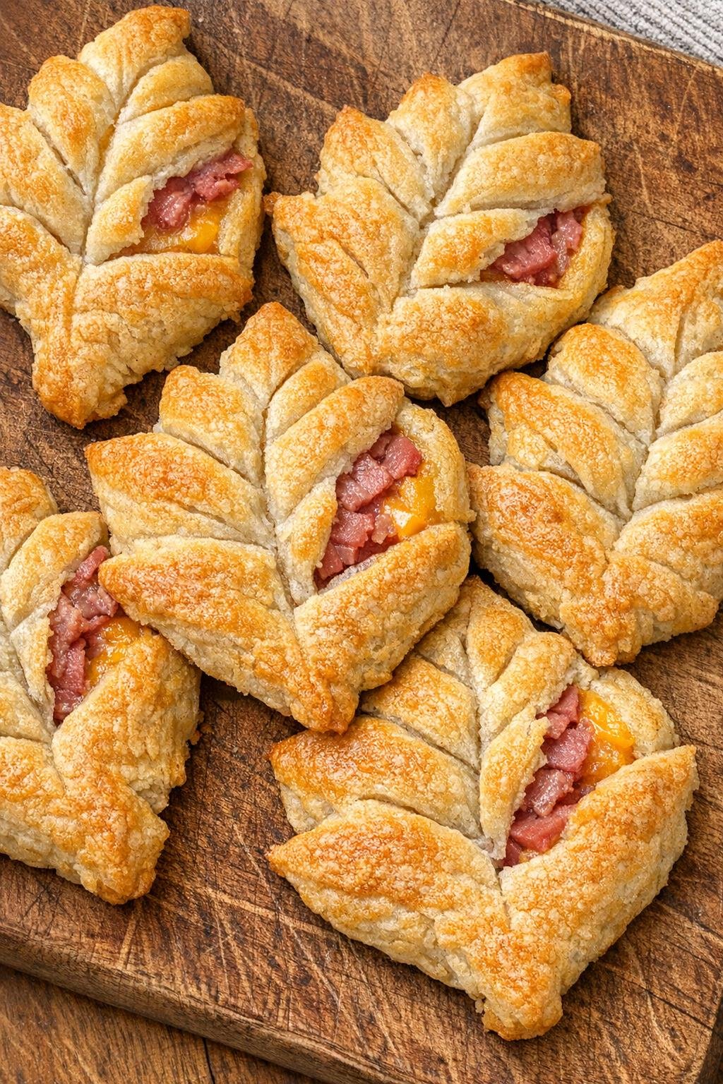 Leaf-shaped crescent pastries with corned beef and cheddar on a wooden board