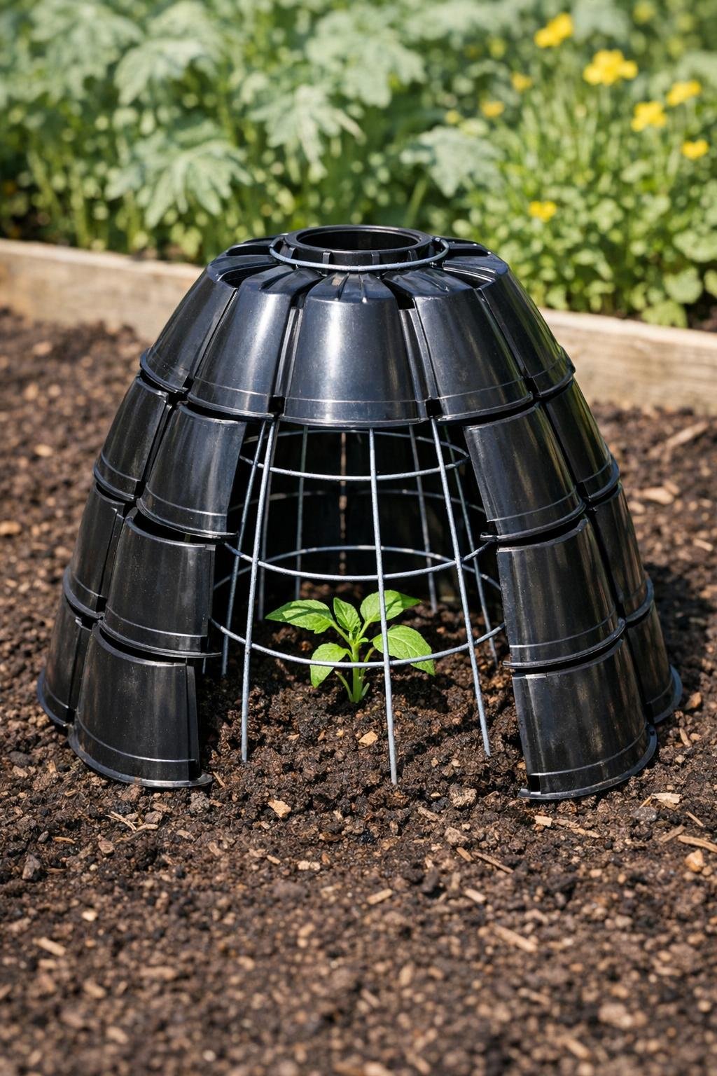 Finished seedling protection dome made from black nursery pots and an upside-down tomato cage in a garden bed