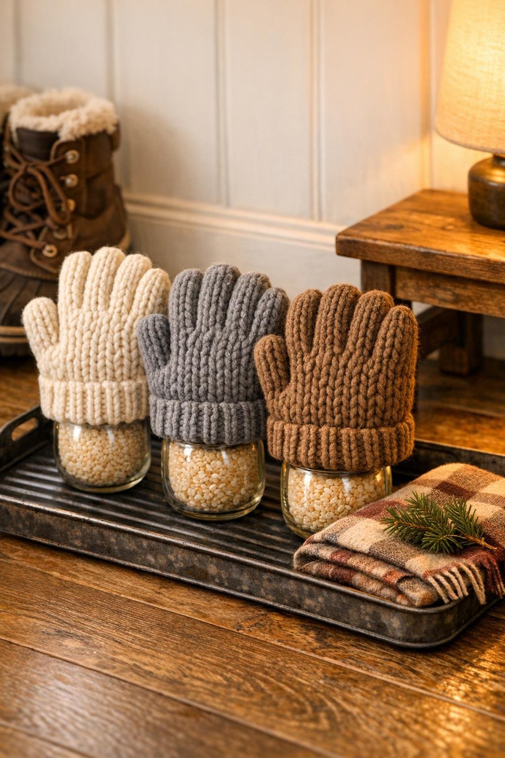 Finished glove warmer set on a metal boot tray in an entryway