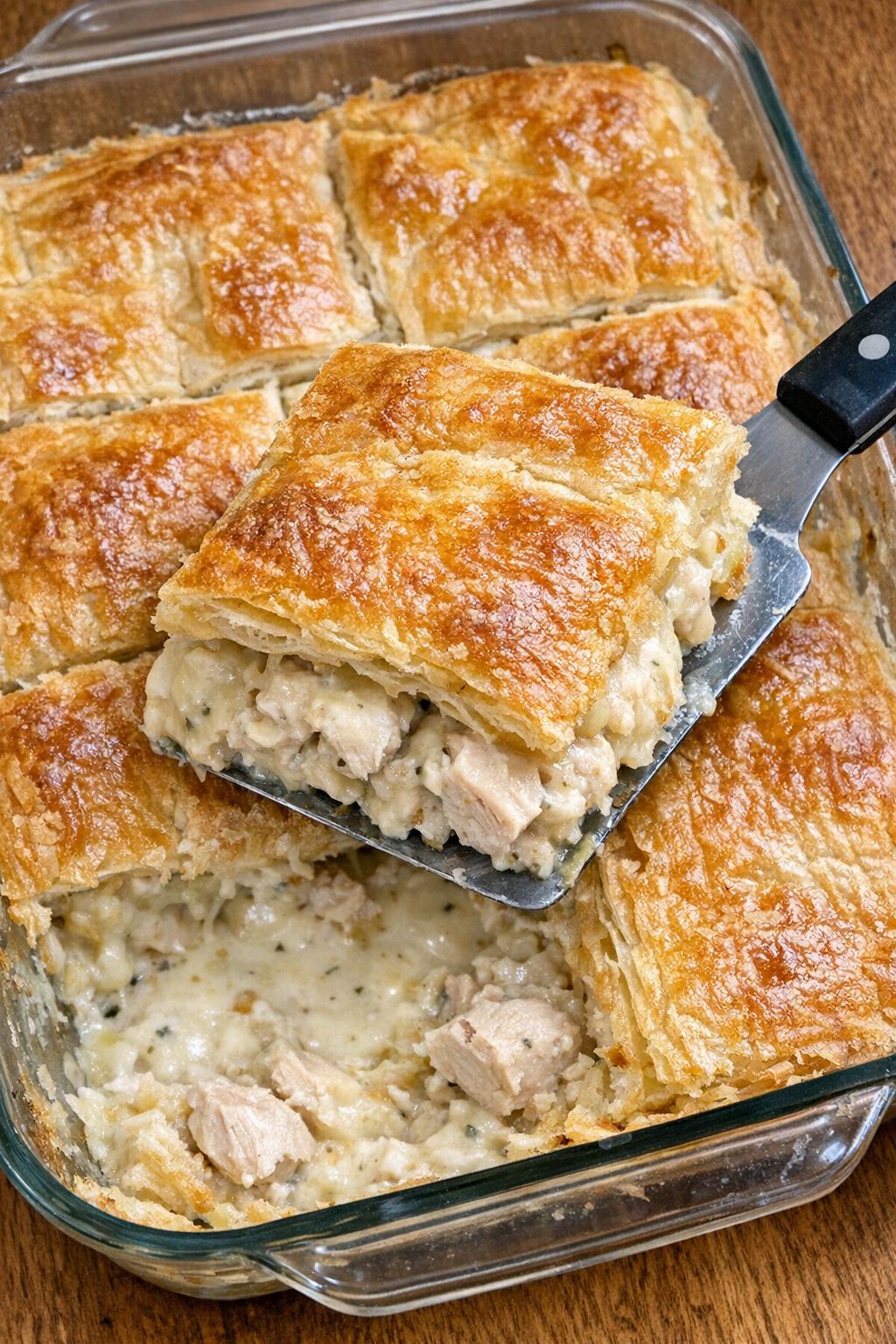 Flaky puff pastry topped chicken bake in glass baking dish
