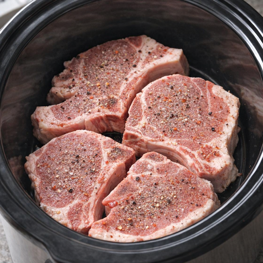Raw pork chops arranged in a slow cooker