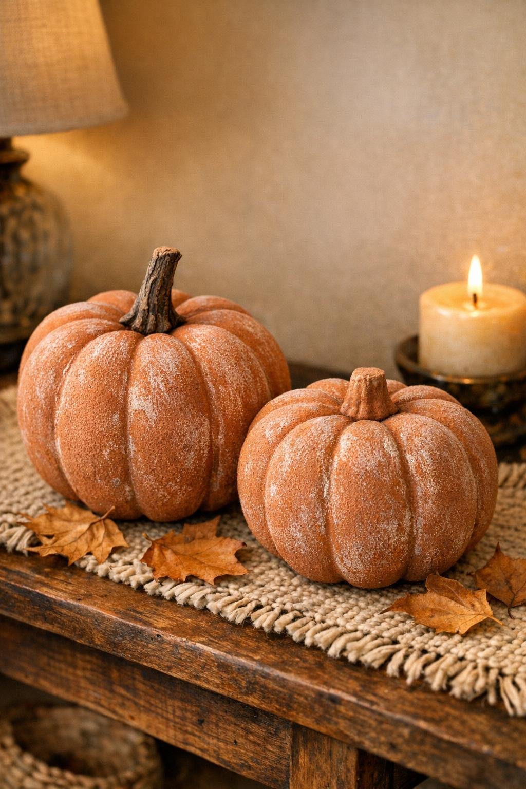 Finished faux terracotta pumpkins styled for fall decor