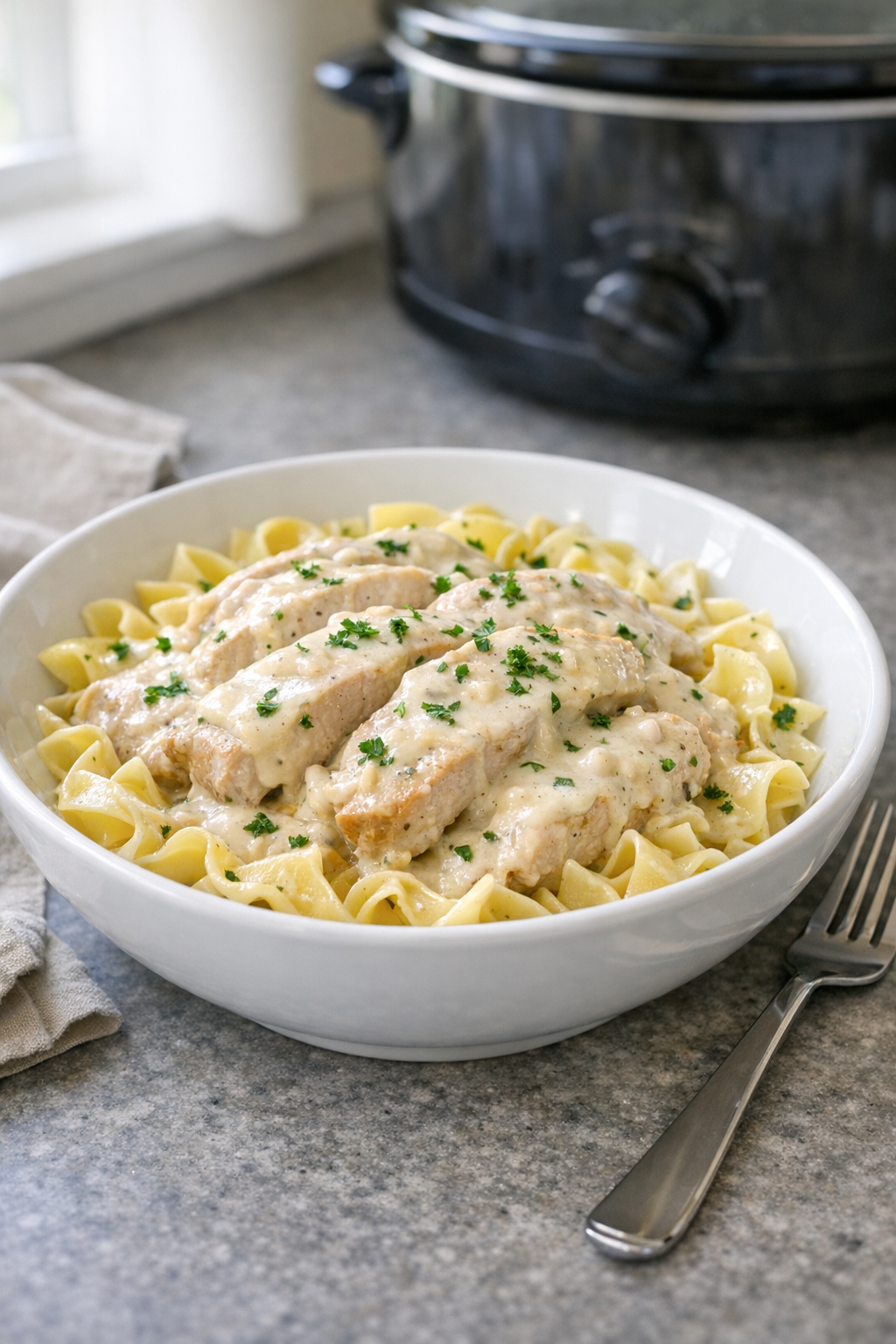 Creamy turkey pasta served on a plate with tender turkey and noodles
