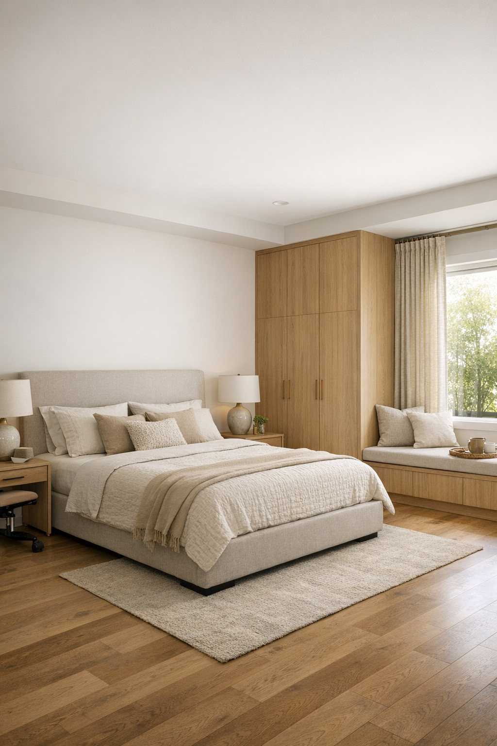 Calm bedroom with upholstered platform bed, oak wardrobe wall, and soft layered textiles