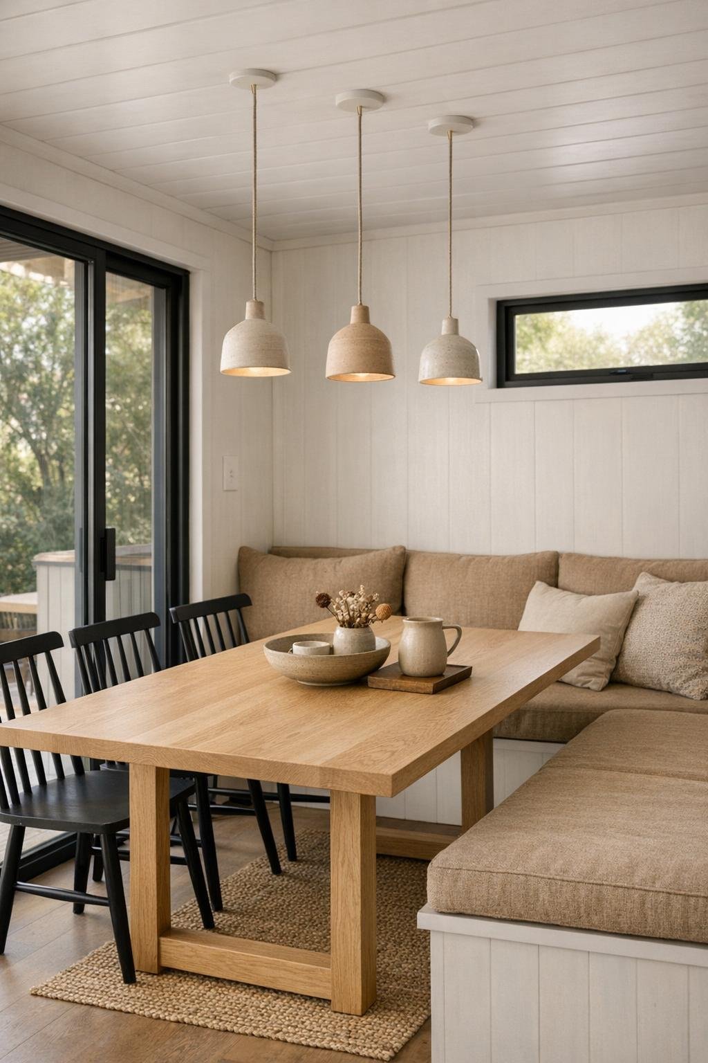 Modern dining room with a white oak table and ceramic pendant lights