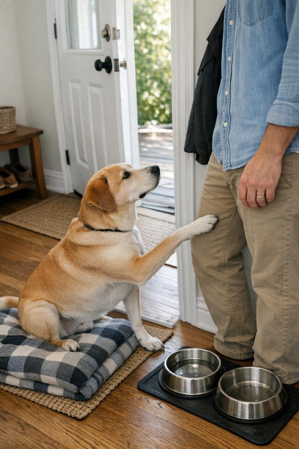 Dog pawing an owner's arm near a water bowl and doorway