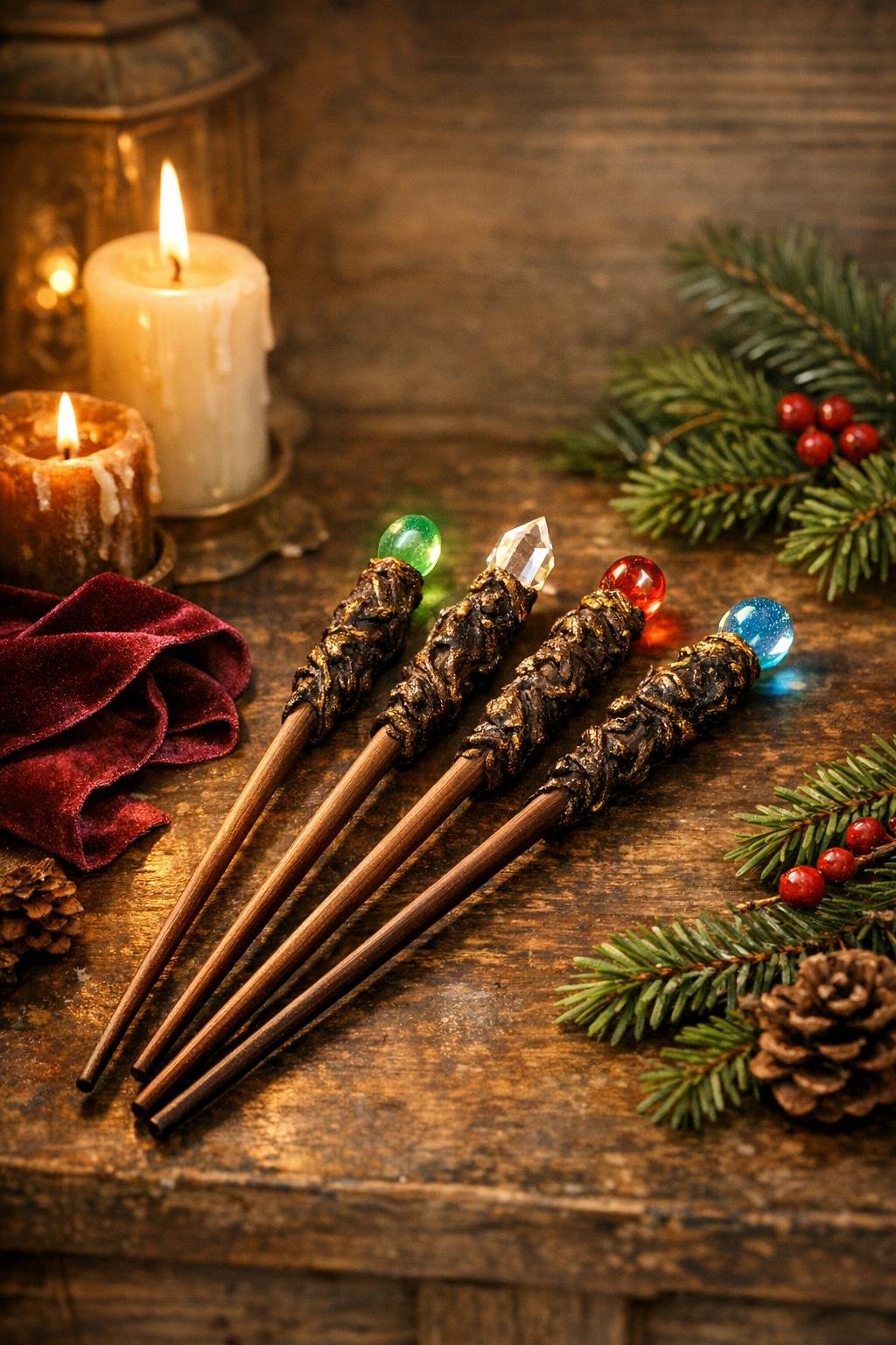 Finished enchanted witch wands displayed together with gem tops and gold-highlighted handles