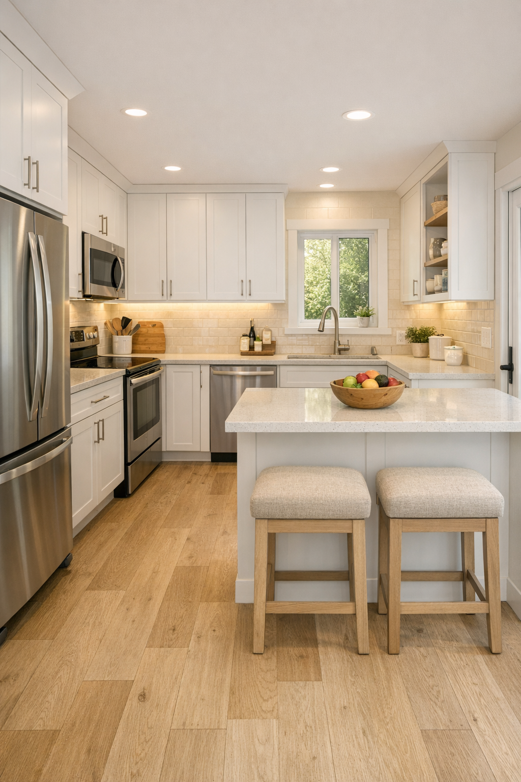 Soft modern kitchen with white cabinetry and quartz counters