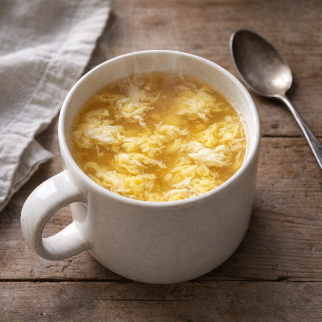 Steaming mug of egg soup on a farmhouse table