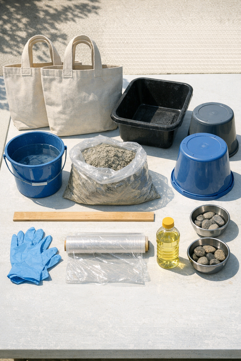 Canvas bags, cement, and shaping supplies laid out for the project