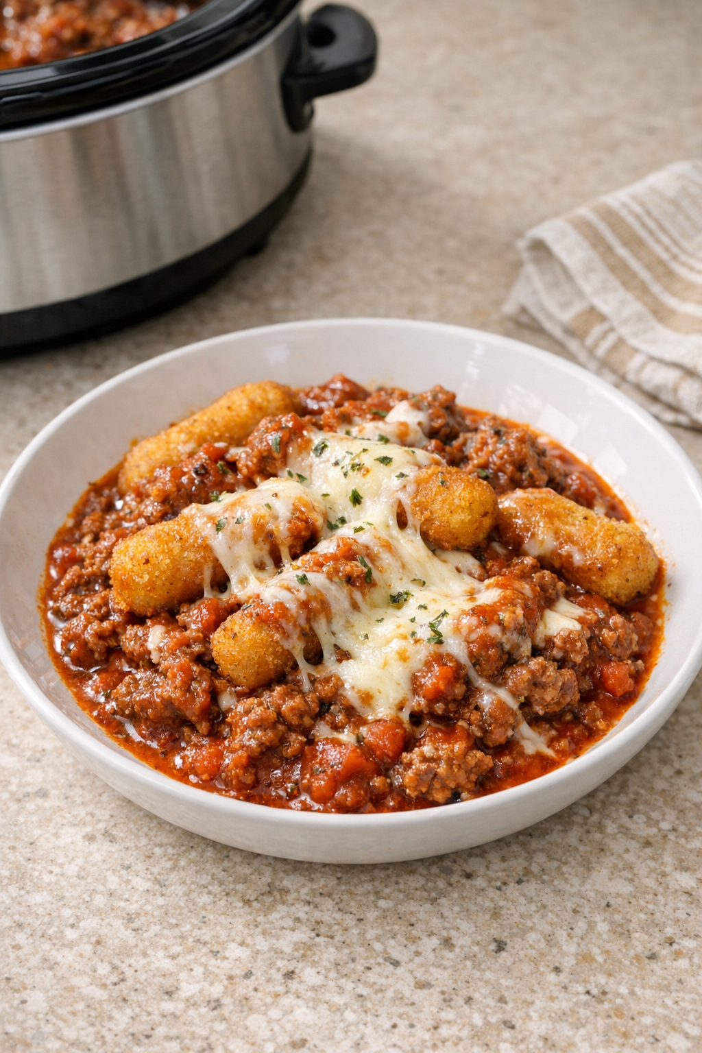 Finished slow cooker mozzarella stick beef plated in a bowl with marinara and melted cheese