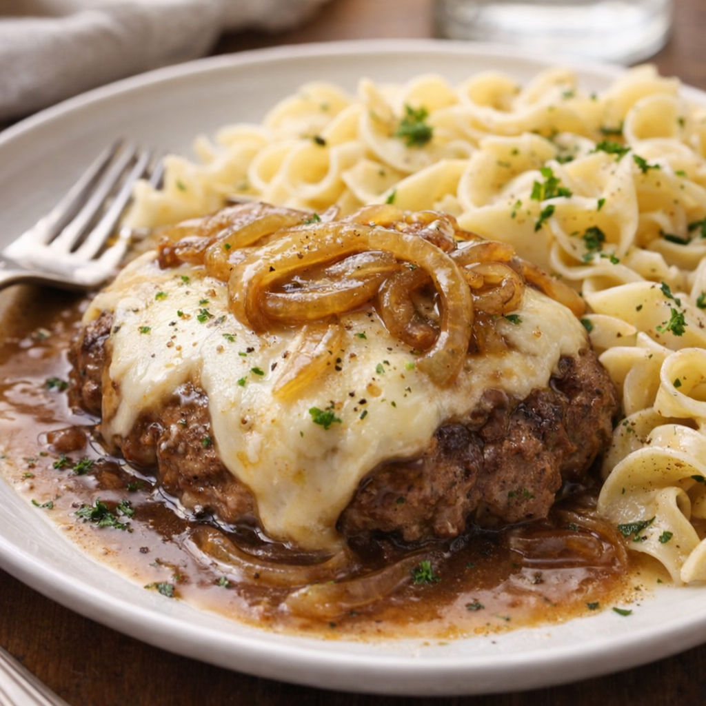 Cheesy French onion burger steak variation with melted provolone