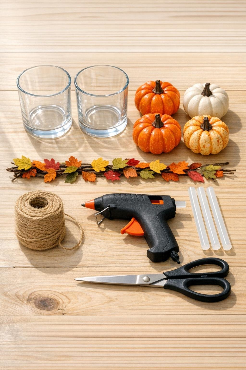 Materials for two autumn lantern jars laid out neatly on a table