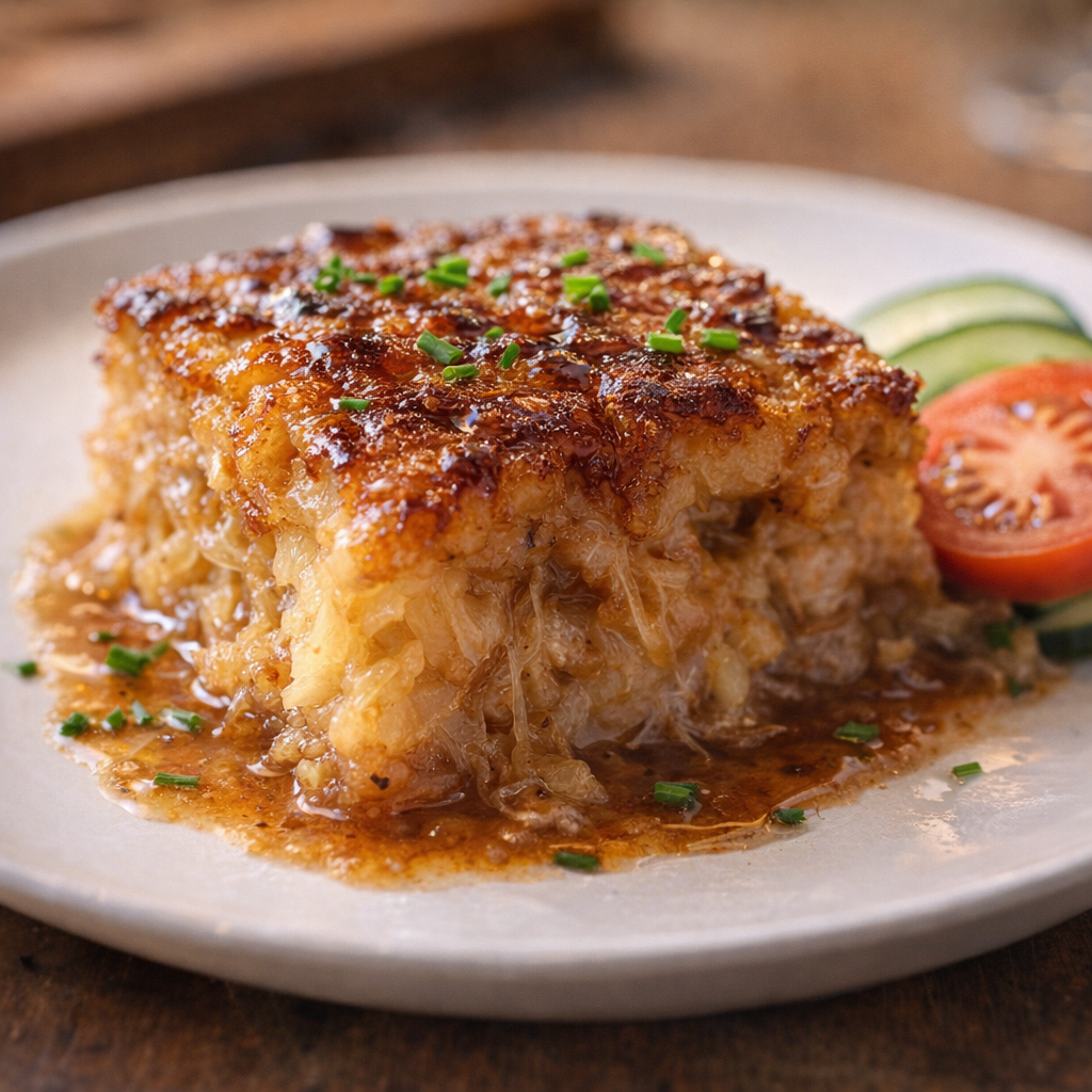 Served square of caramelized potato bake on a plate