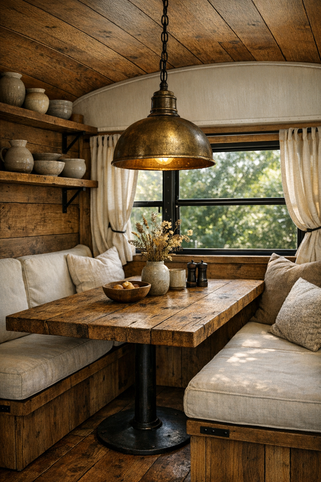 Compact bus dining nook with reclaimed oak table and bench seating