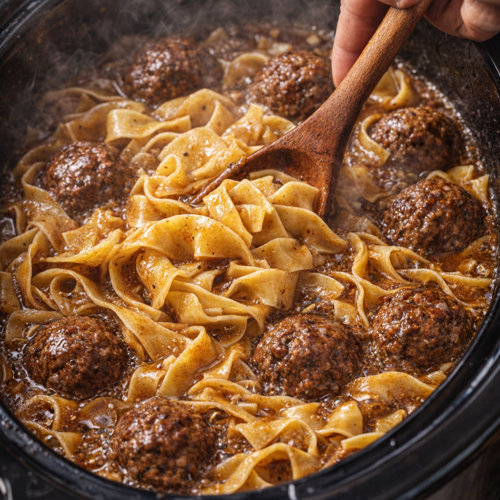 Egg noodles being stirred into hot gravy