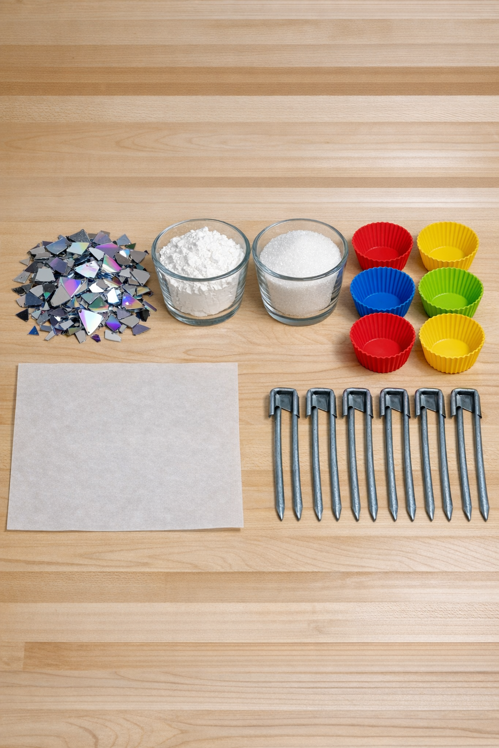Materials for reflective driveway markers laid out on a work surface