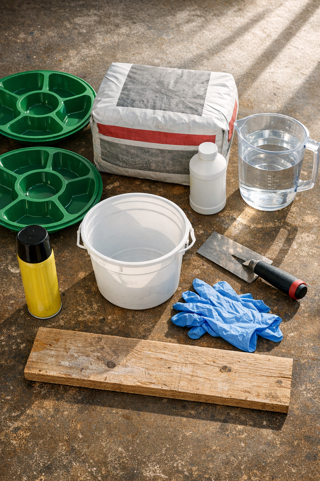 Materials for making sectioned cement yard slabs laid out on a worktable