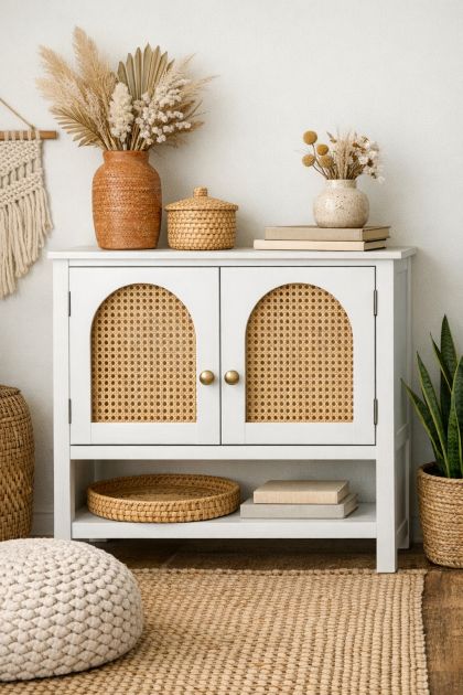 Lady staples rattan cane webbing behind cut-out door frames. The ...