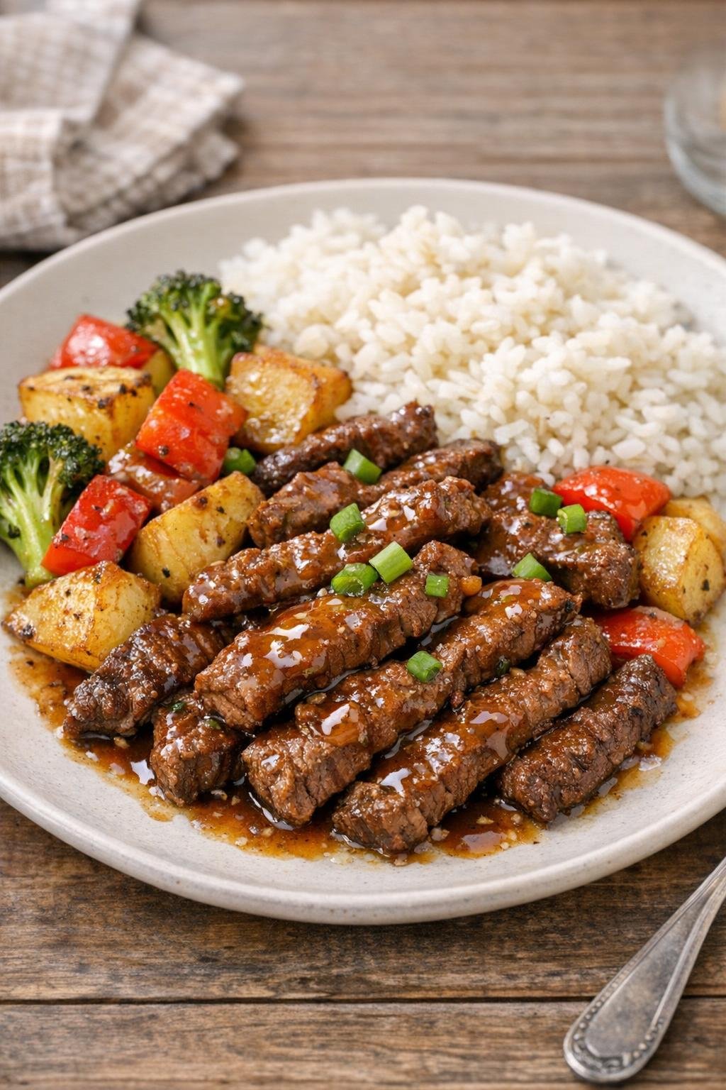 Finished baked beef strips on a plate