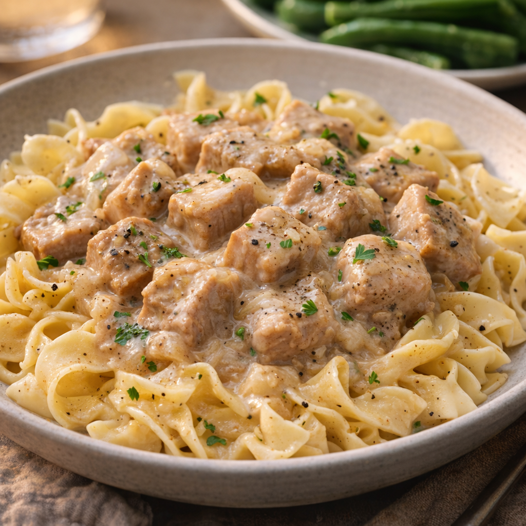 Finished pork gravy spooned over buttered egg noodles