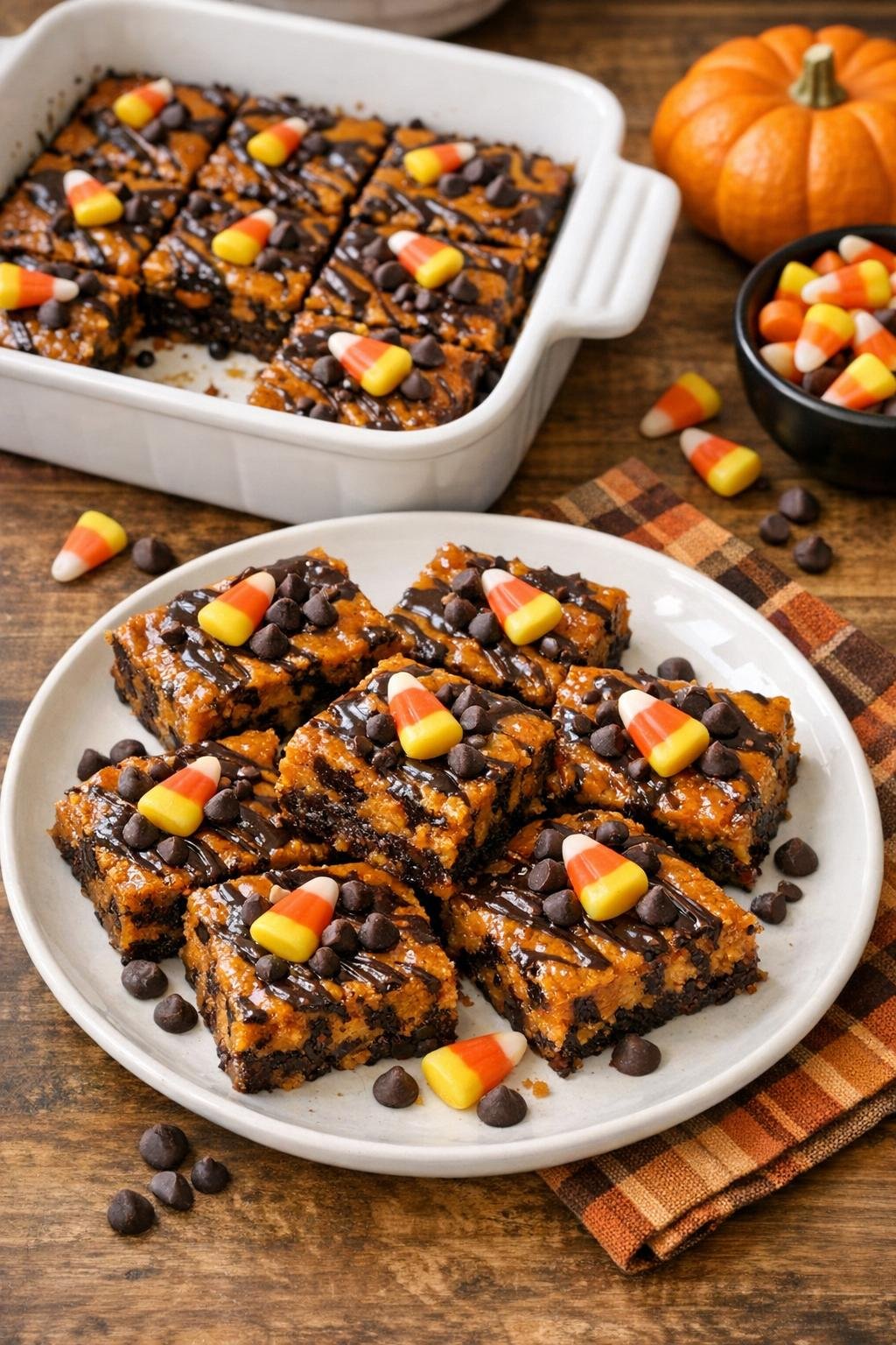 Finished baked Halloween dessert in a ceramic baking dish