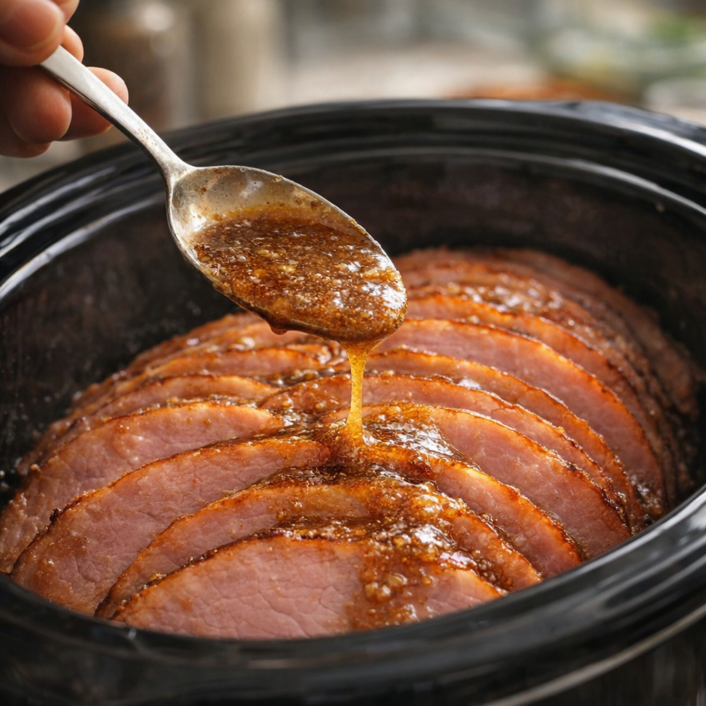 Mustard and brown sugar glaze being spooned over ham slices