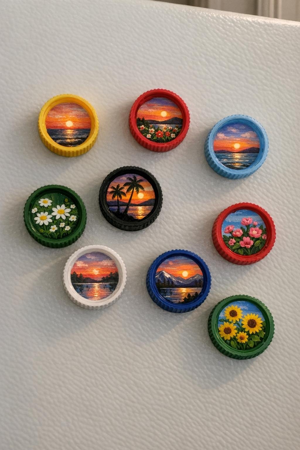 Painted bottle cap magnets
