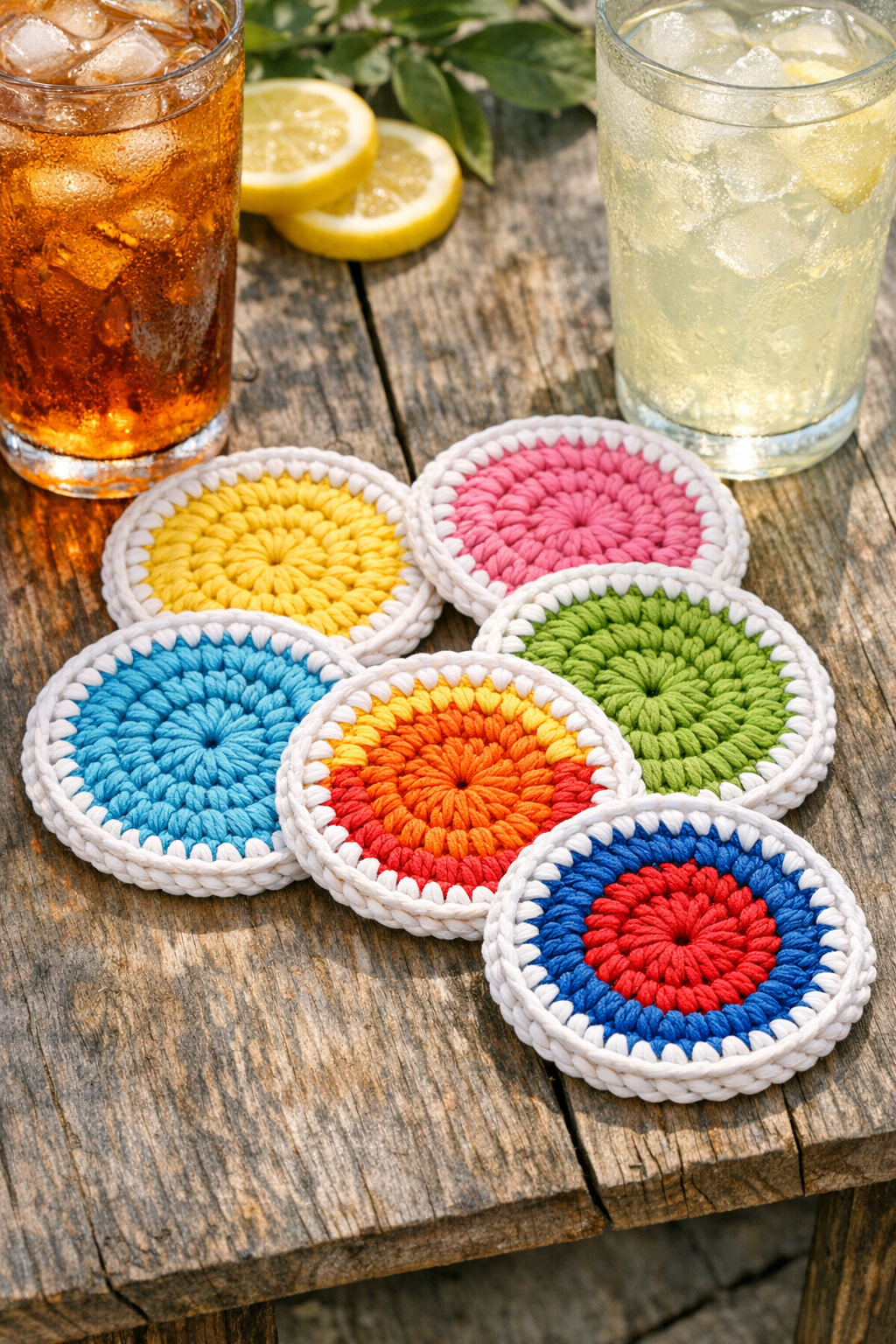 Finished crocheted summer outdoor drink coaster set made from mason jar lid rings