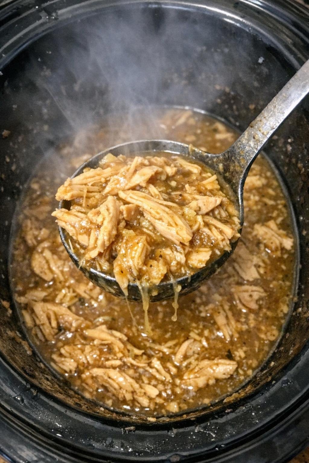 Tender pulled chicken thighs in a slow cooker