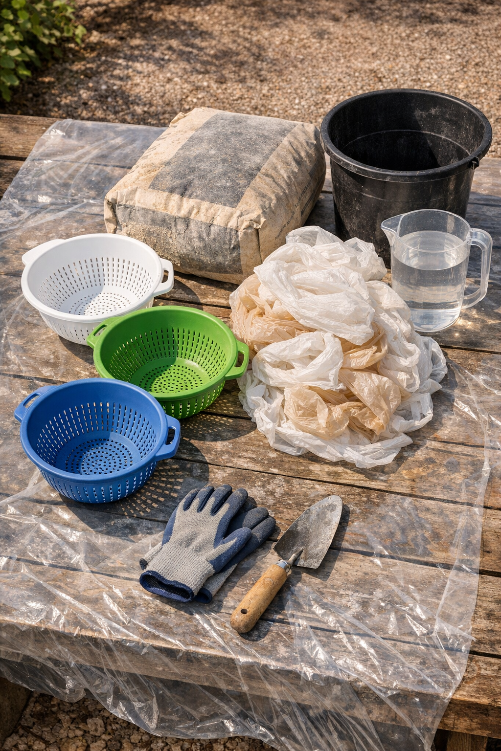 Materials for making perforated cement yard forms laid out on a worktable