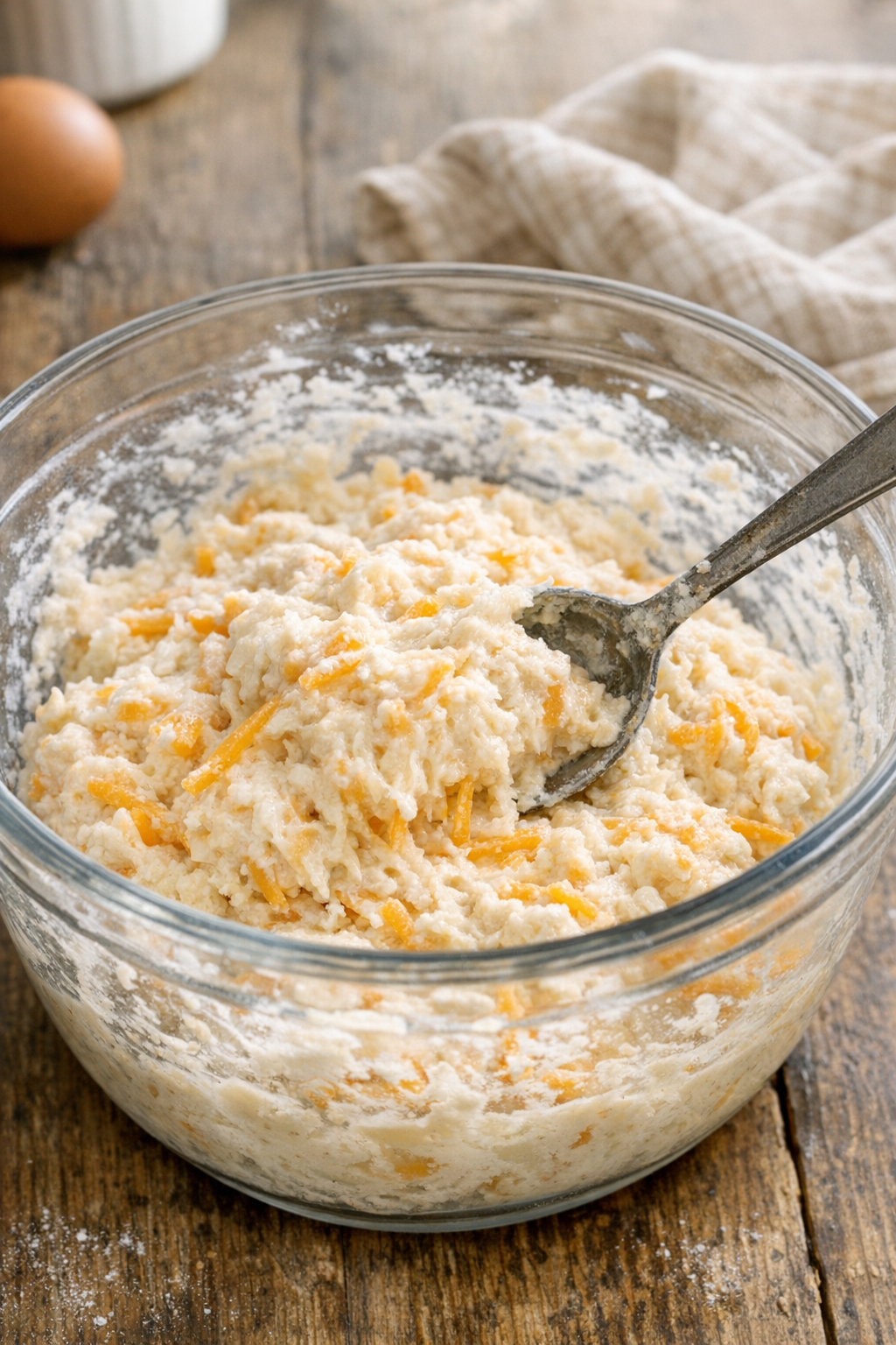Cheddar biscuit dough being mixed in a bowl