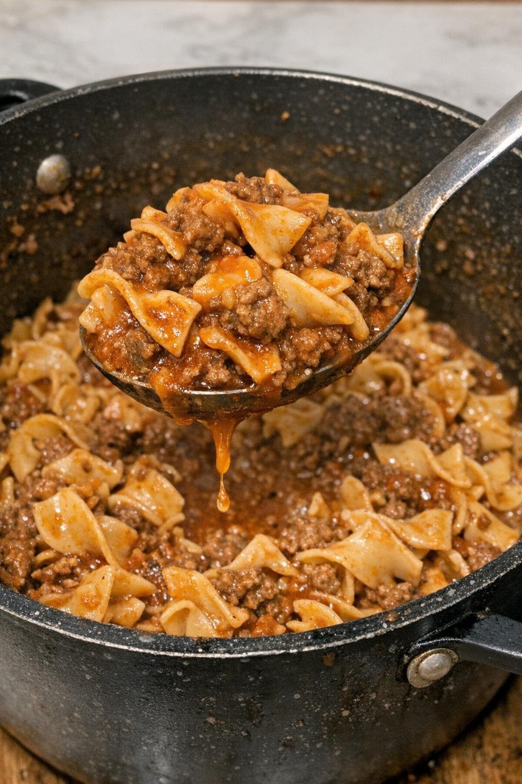 Saucy ground beef and egg noodles in a black pot