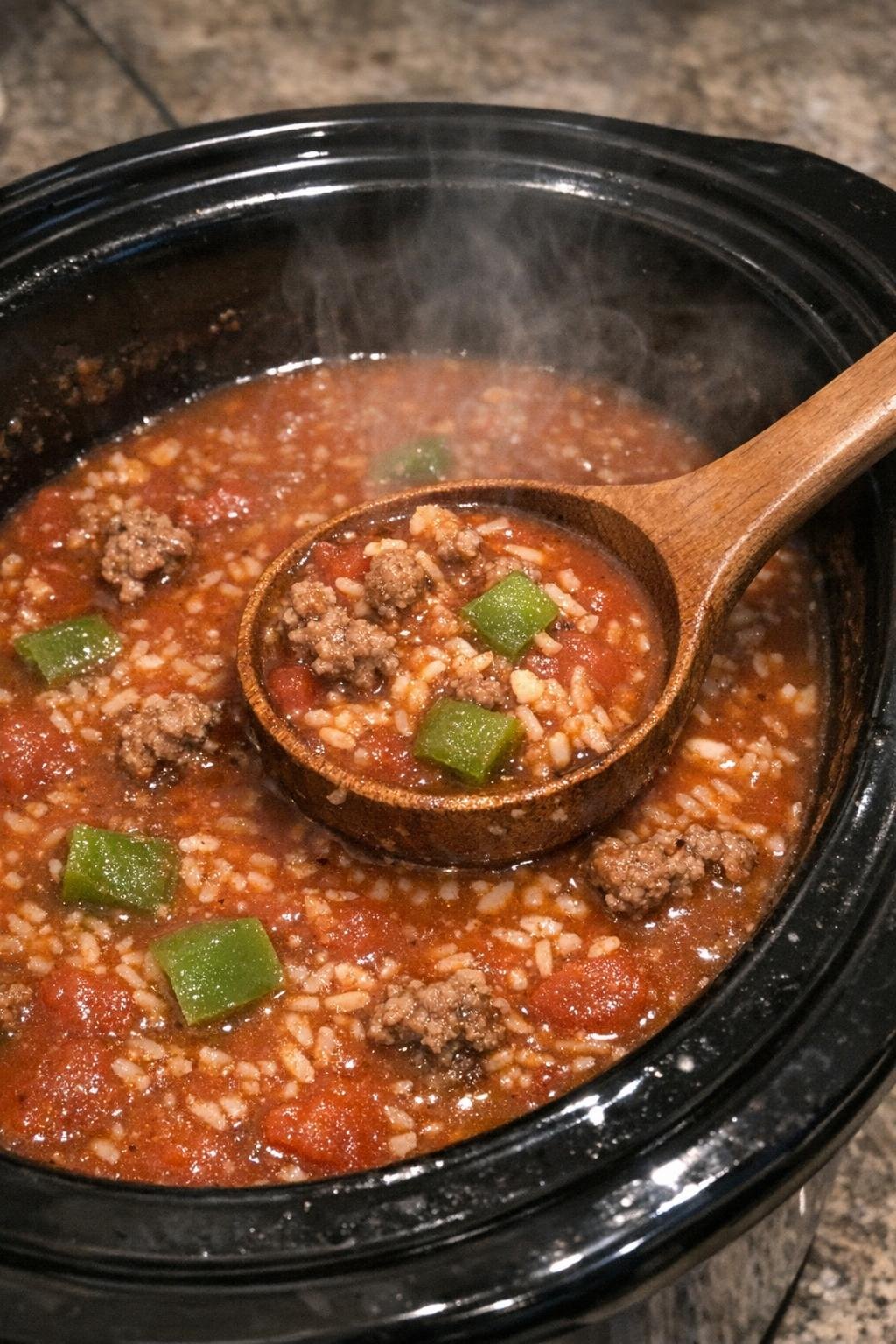 Slow cooker stuffed pepper soup in a black crock