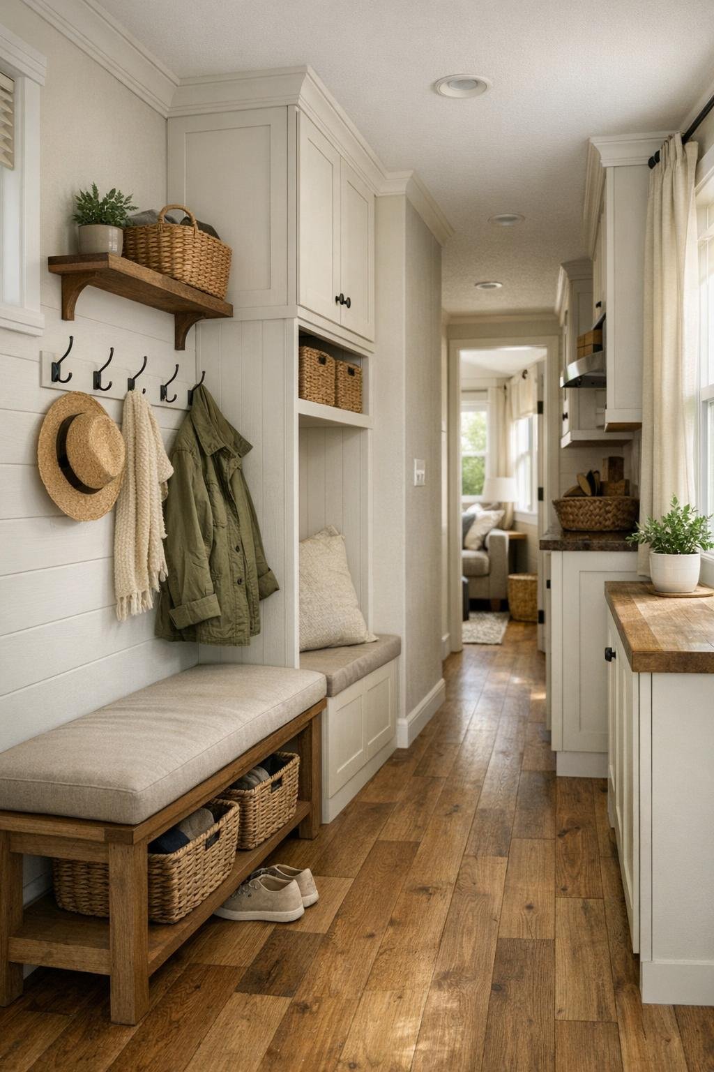 Thoughtful small-space entry and hallway with built-in storage, bench seating, and cottage details