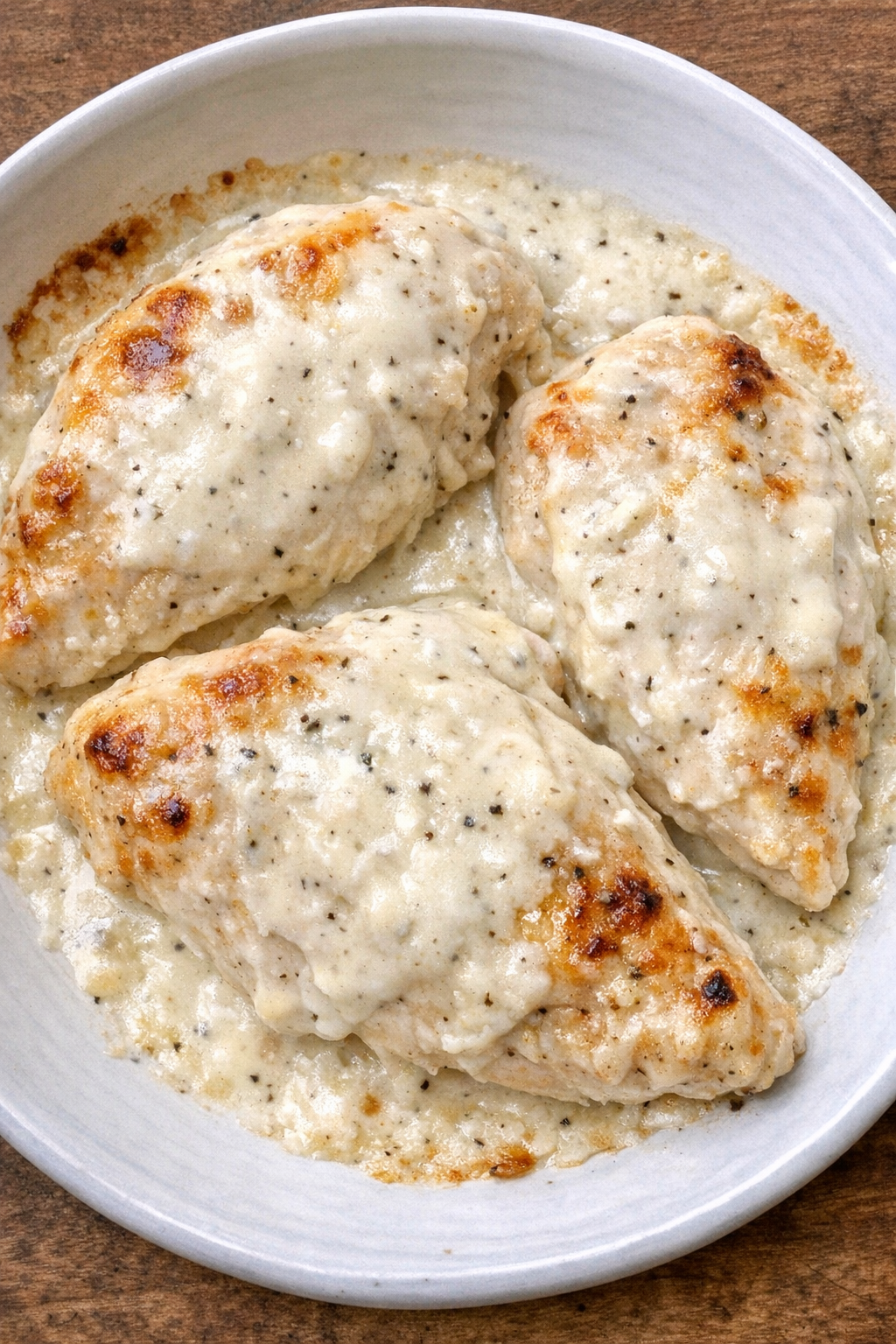 Slow cooker cream cheese chicken plated on a white ceramic plate