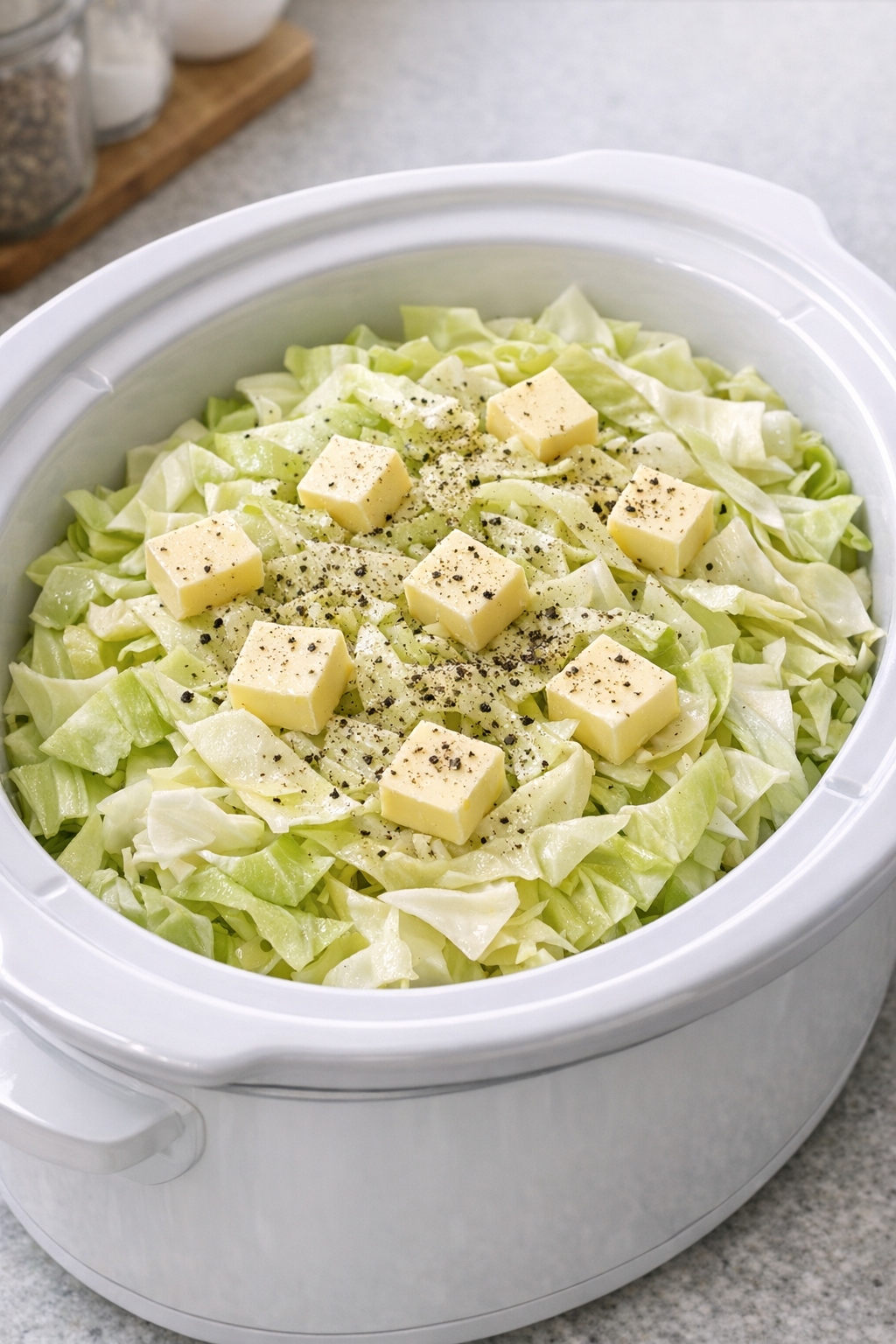 Sliced cabbage with butter and pepper in a white slow cooker