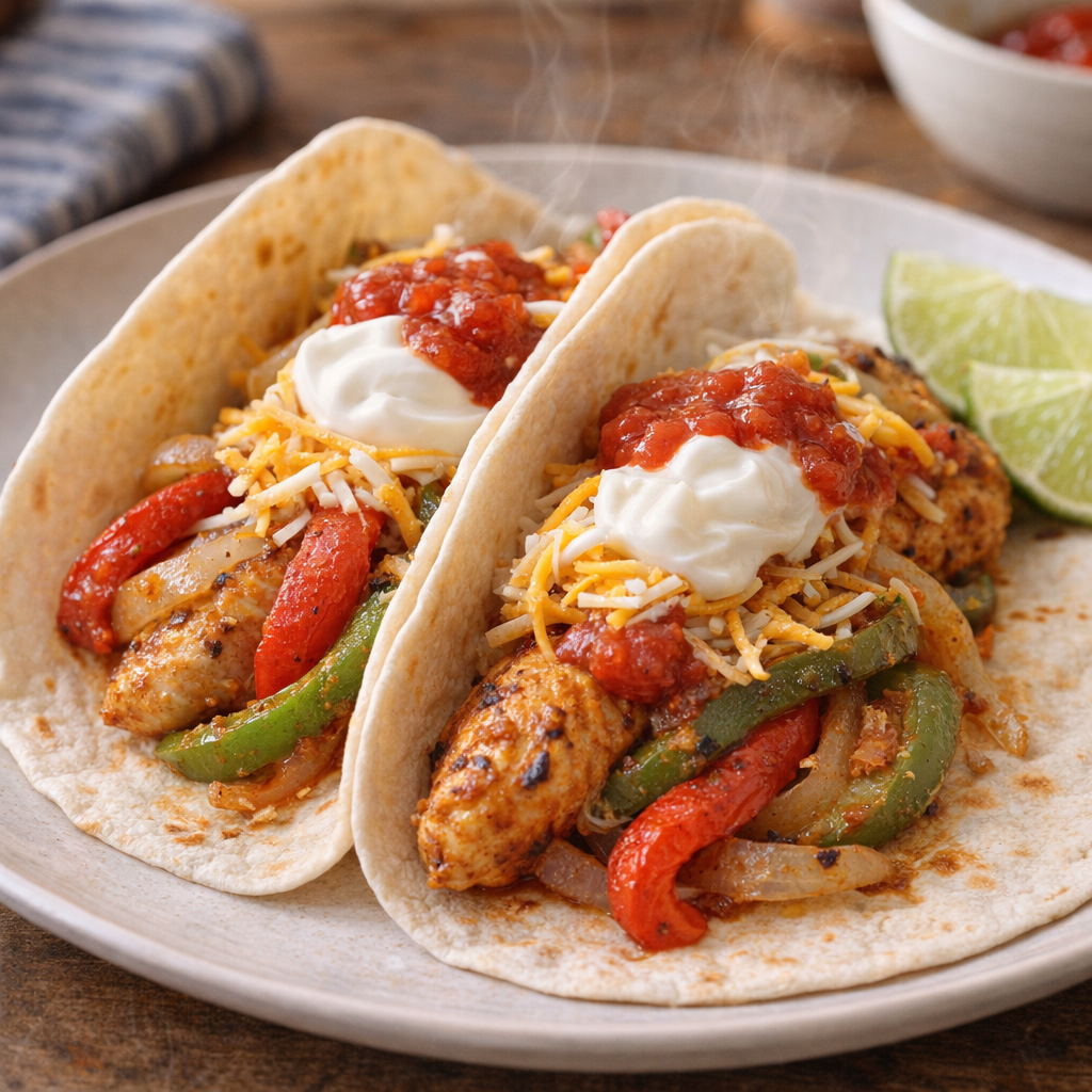 Chicken fajitas served in warm tortillas with toppings