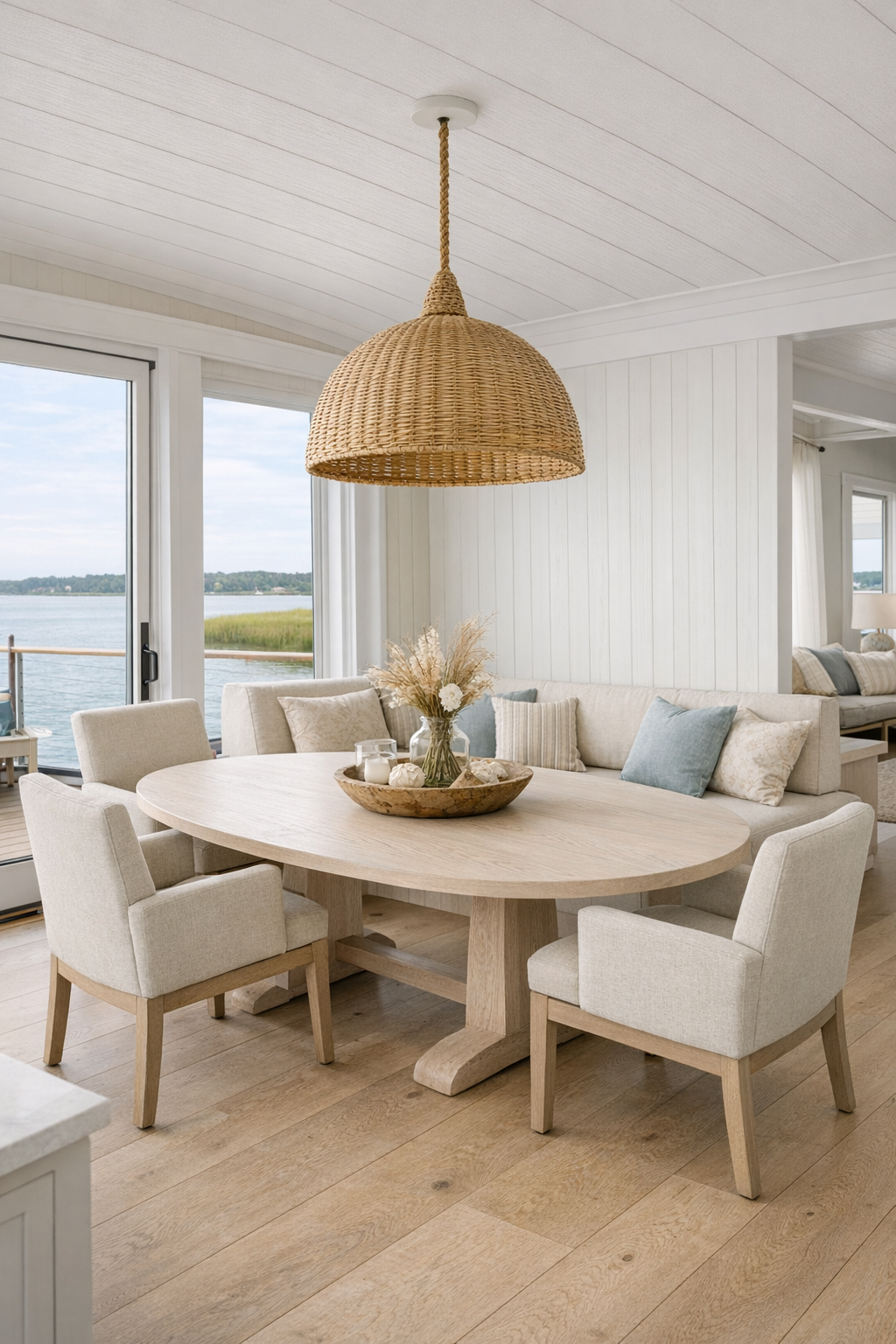 Coastal dining room with oval oak table, banquette, and woven pendant