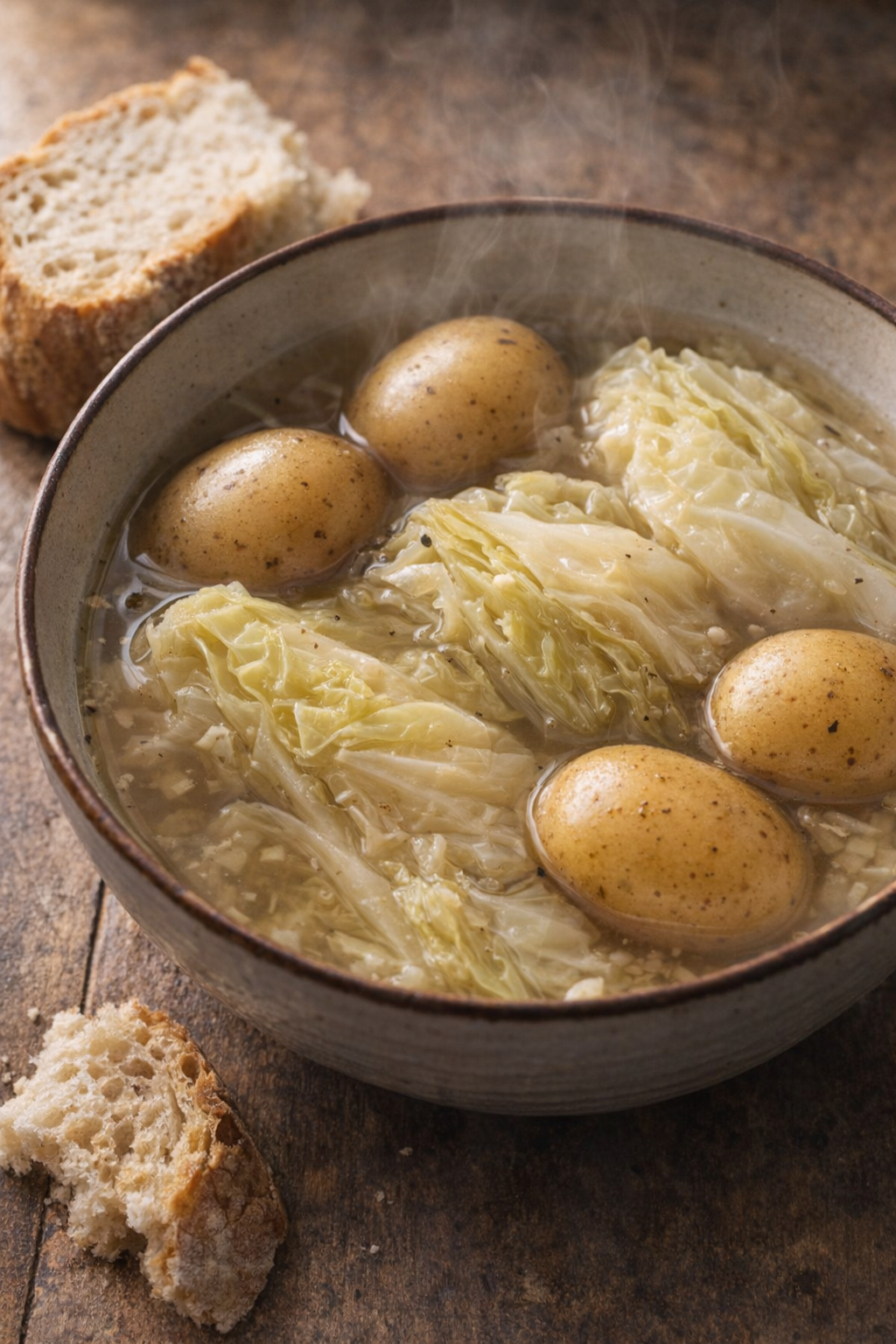 Bowl of cabbage and potatoes with broth and bread
