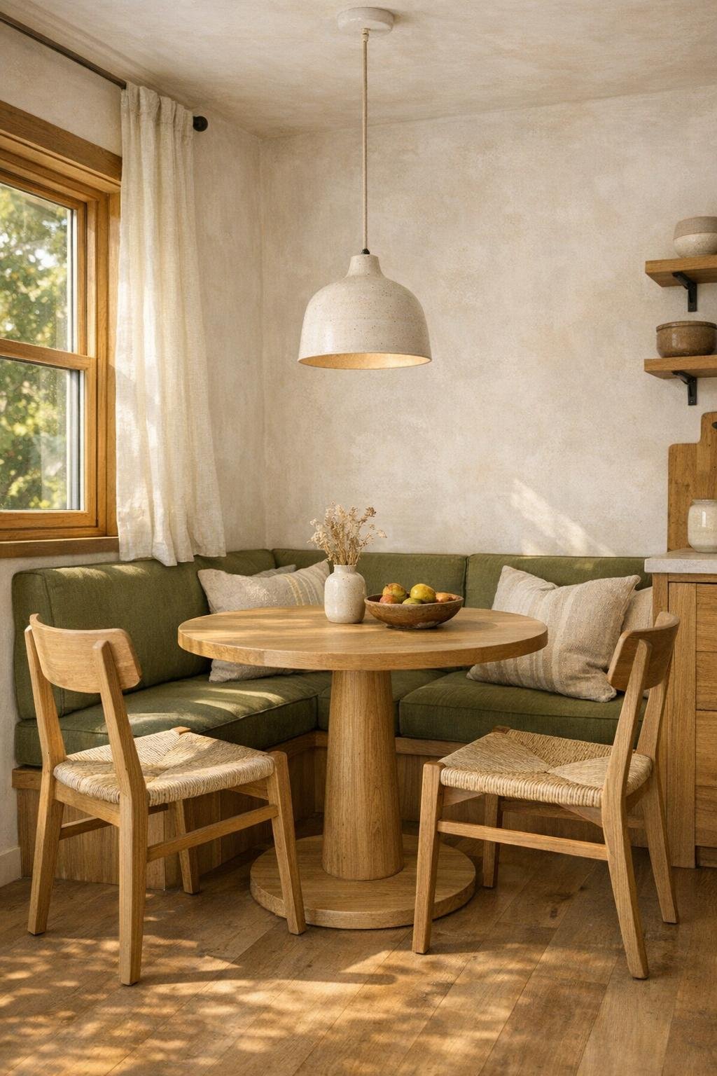 Compact dining nook with olive banquette, round oak pedestal table, and ceramic pendant light