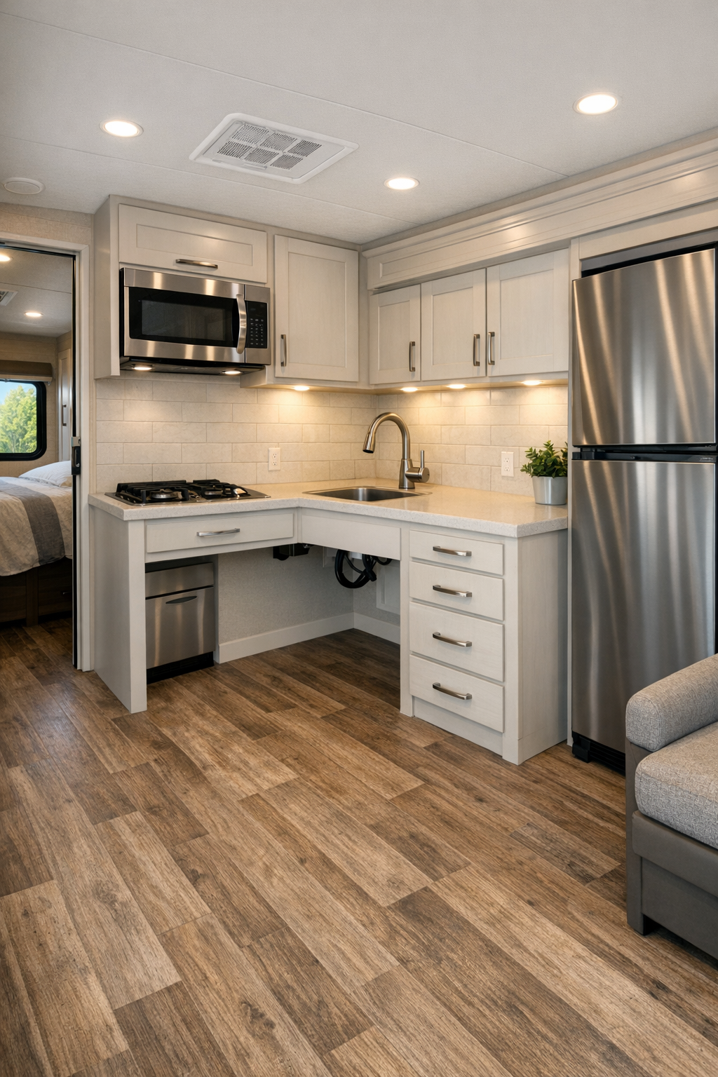 Accessible RV kitchen with light cabinets, solid counters, and open circulation