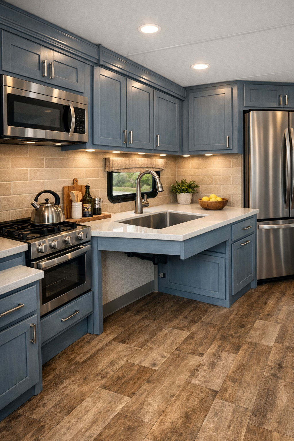 Accessible RV camper kitchen with blue cabinets and white counters