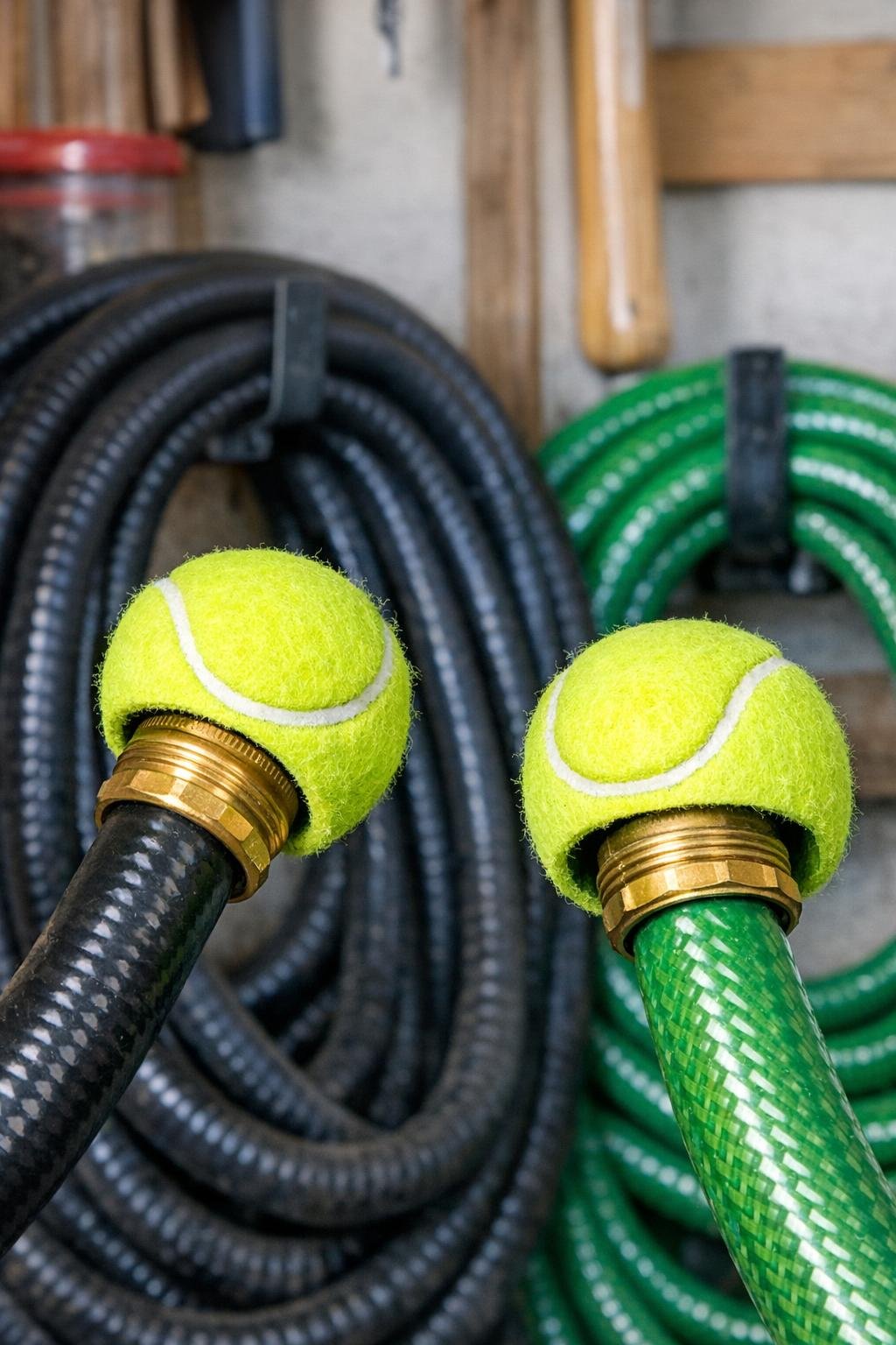 Finished tennis ball winterizer caps on stored garden hose ends