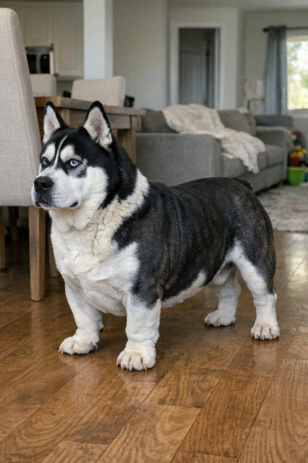 A Husky-marked dog with a bulldog-shaped body standing sideways at home