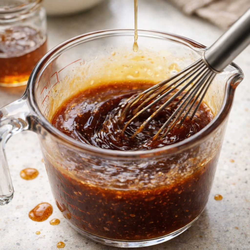 Teriyaki sauce and honey being whisked together in a measuring cup