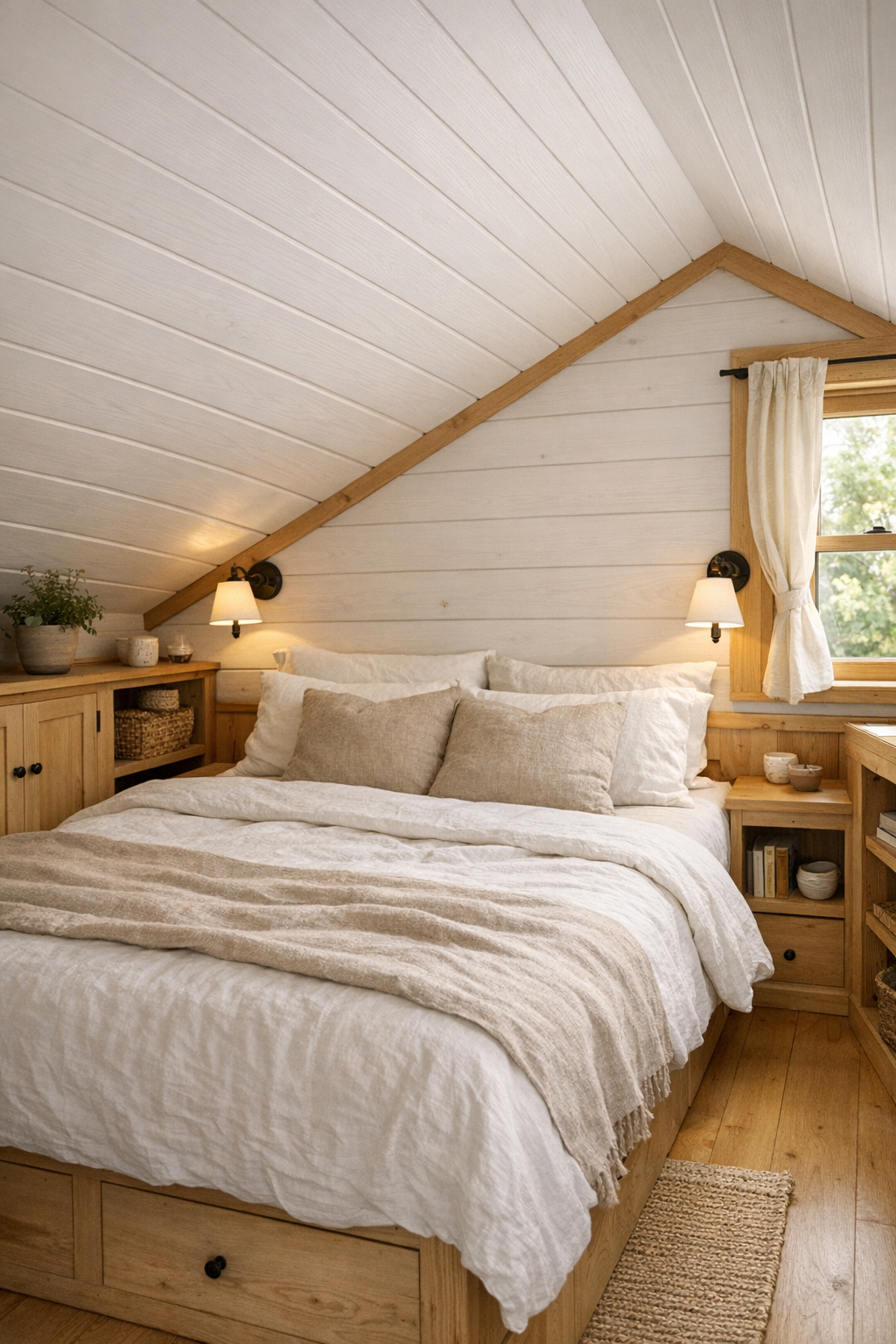 Peaceful tiny home bedroom with soft linens and built-in wood storage